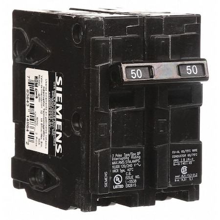 Miniature Circuit Breaker, Q Series, 50A, 2 Pole, 120/240V AC, 10kA at 120V AC MPN:Q250