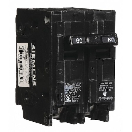 Miniature Circuit Breaker, Q Series, 60A, 2 Pole, 120/240V AC, 10kA at 120V AC MPN:Q260