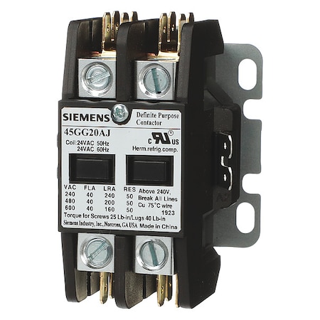 Definite Purpose Magnetic Contactor, 440V-480V AC, 2 P, Non-Reversing, 1 Phase, Screw MPN:45GG20AH
