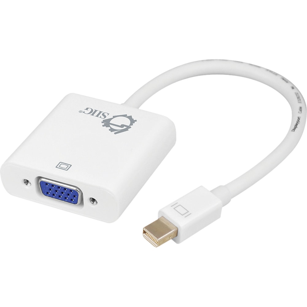 SIIG Mini DisplayPort to VGA Adapter Converter - First End: 1 x 20-pin Mini DisplayPort 1.1a Digital Audio/Video - Male - Second End: 1 x 15-pin HD-15 - Female - Gold Plated Connector - White (Min Order Qty 5) MPN:CB-DP0R11-S1