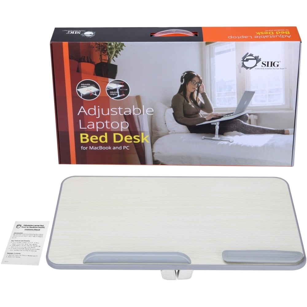 SIIG Adjustable Laptop Bed Desk for MacBook and PC - Up to 17in Screen Support - 11.88in x 11.75in- Acrylonitrile Butadiene Styrene (ABS), Aluminum, Wood MPN:CE-MT2J12-S1