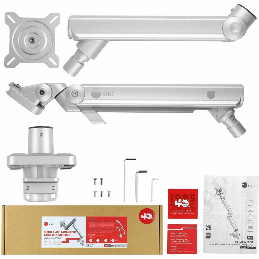 SIIG MTPRO Heavy Duty Desk Mount Single Monitor Arm - Up to 49in- Max load up to 44 lbs - VESA 75 & 100mm - Heavy Duty Single Monitor Arm Desk Mount MPN:CE-MT3V11-S1