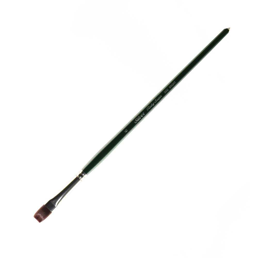 Silver Brush Ruby Satin Series Long-Handle Paint Brush 2502, Size 6, Bright Bristle, Synthetic, Green MPN:2502-6