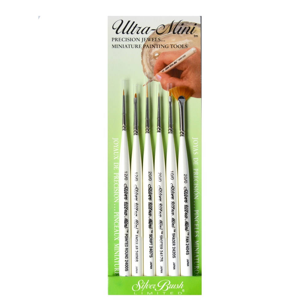 Silver Brush Ultra Mini Series Paint Brush Set, Detail Painting Set, Assorted Sizes, Assorted Bristles, Synthetic, Pearl White, Set Of 6 MPN:UMS 2460S
