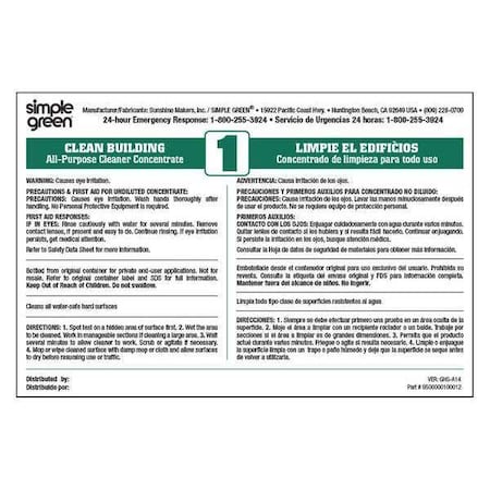 Ten pack of secondary labels for Simple Green Clean Building All-Purpose Cleaner MPN:9510001000012