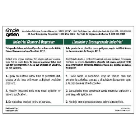 Secondary Label For Simple Green Ind Clnr MPN:9510001000027