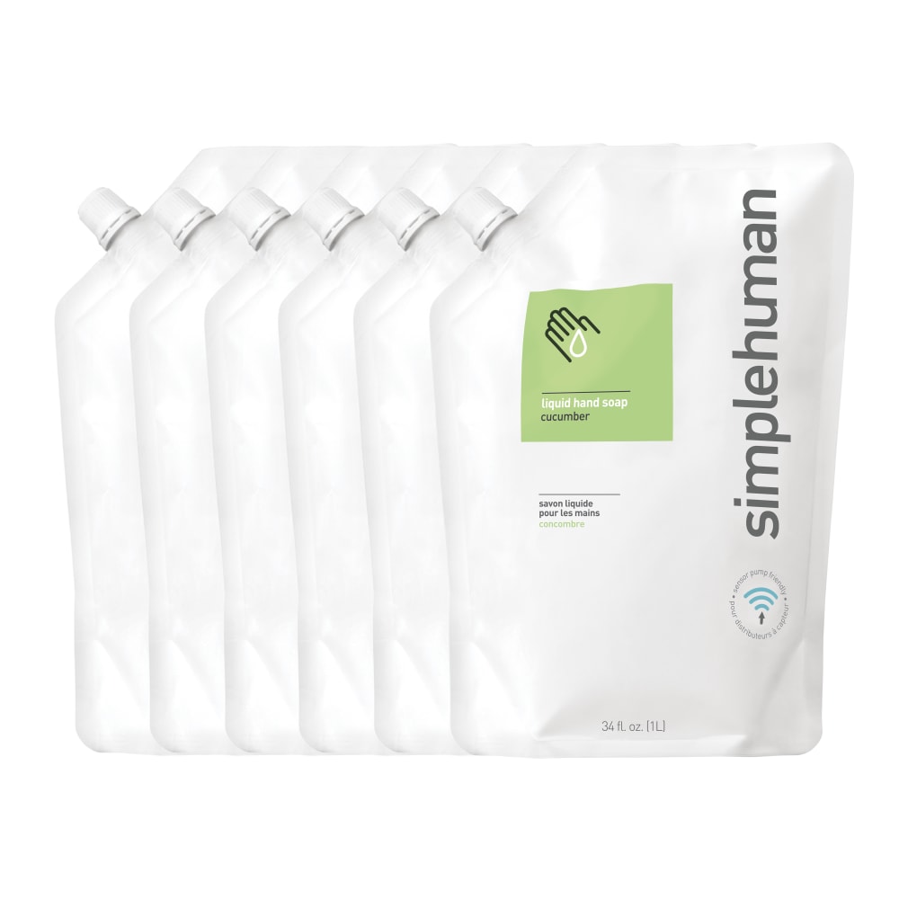 simplehuman Moisturizing Liquid Hand Soap, Cucumber, Scent, 34 Oz, Box Of 6 Pouches MPN:CT1020