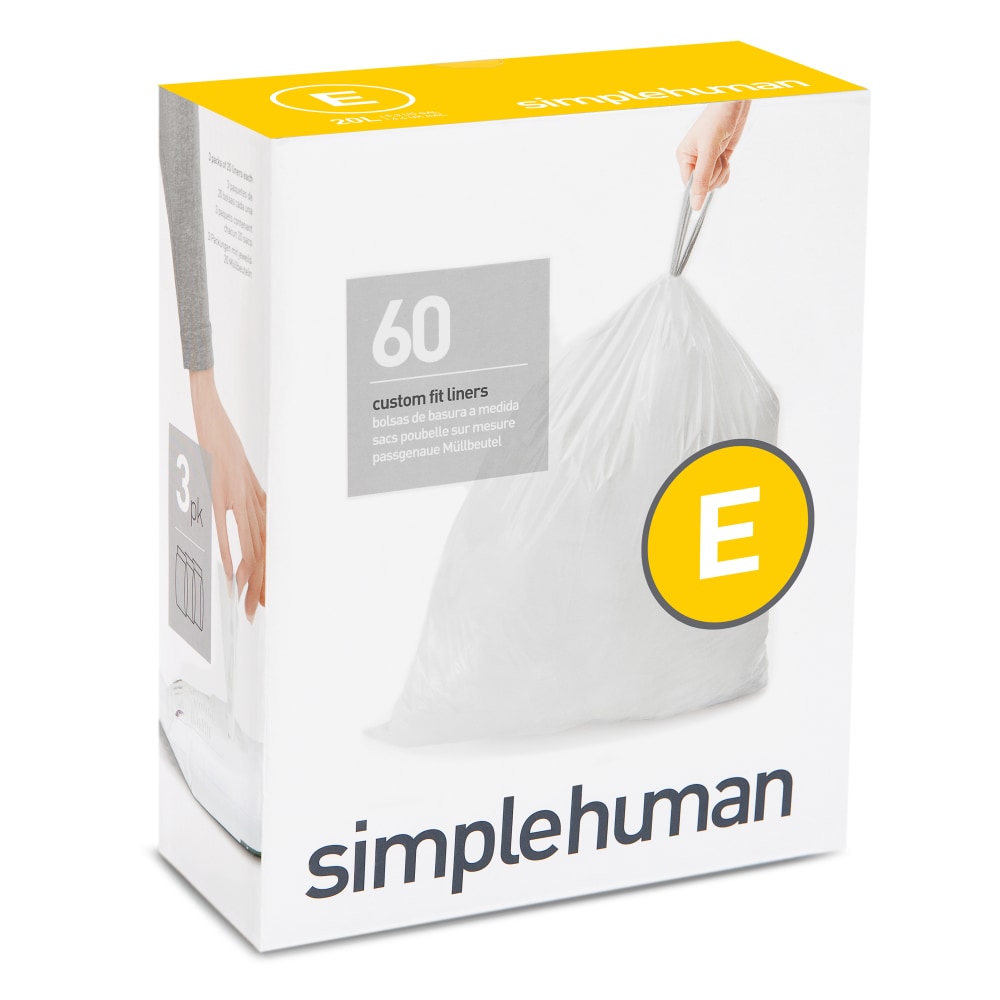 simplehuman Custom-Fit Trash Can Liners, Code E, 0.25-mil, 5.28 Gallons, 20in x 18 3/4in, White, Pack Of 240 Liners MPN:CW0255