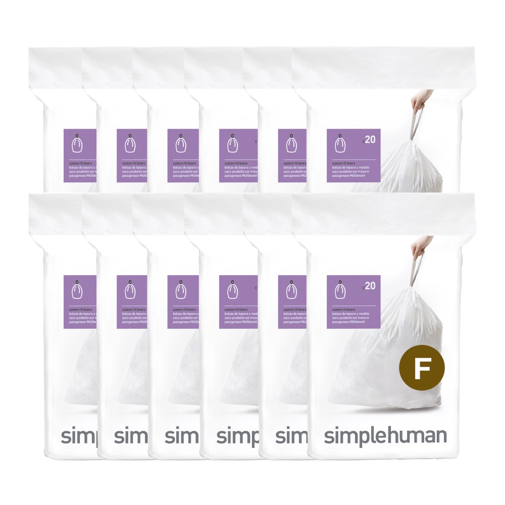 simplehuman Custom-Fit Trash Can Liners, Code F, 0.25-mil, 6.6 Gallons, 20in x 21in, White, Pack Of 240 Liners MPN:CW0256