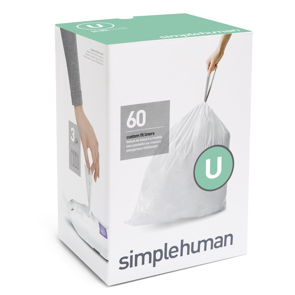 simplehuman Custom-Fit Trash Can Liners, Code U, 0.3-mil, 14.53 Gallons, 29 15/16in x 26 5/8in, White, Pack Of 240 Liners MPN:CW0265