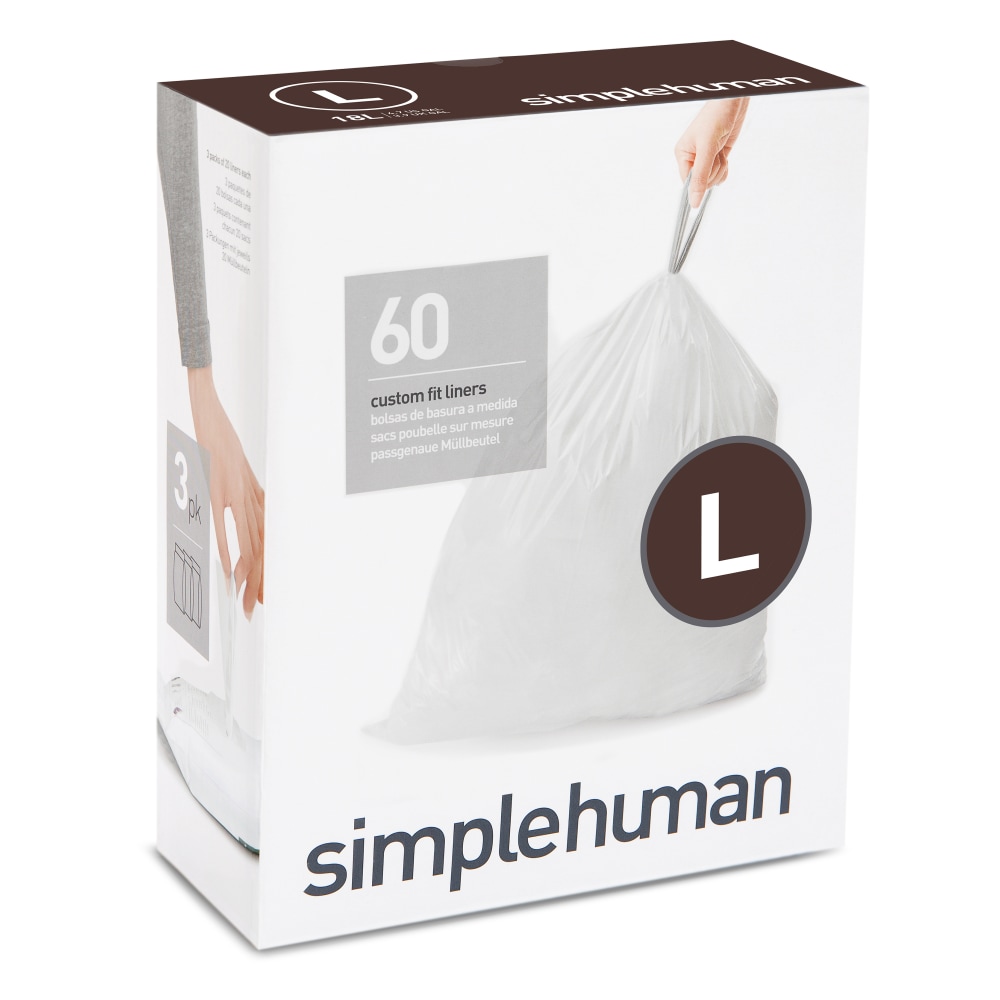 simplehuman Custom-Fit Trash Can Liners, Code L, 0.25-mil, 4.76 Gallons, 20in x 18 3/4in, White, Pack Of 240 Liners MPN:CW0407