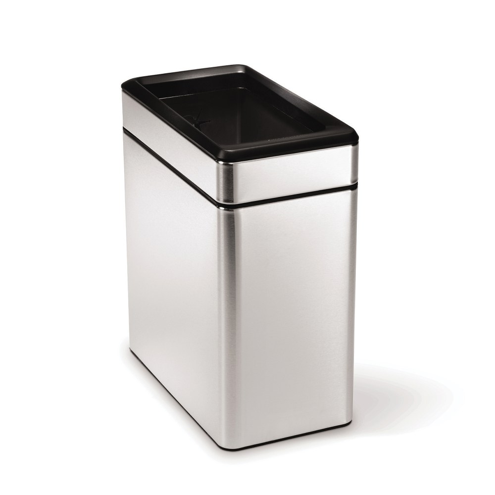 simplehuman Slim Open Top Mini Trash Can, 2.6 Gallons, 13inH x 6.2inW x 11.3inD, Rectangular, Brushed Stainless Steel MPN:CW1225