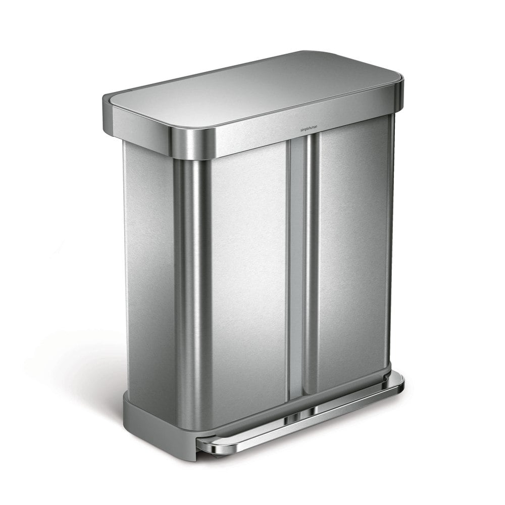 simplehuman Rectangular Step Can With Liner Pocket, 15.3 Gallons, Dual-Compartment Recycling, Brushed Stainless Steel MPN:CW2116