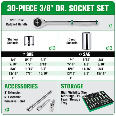 Drive SAE Chrome Socket Set 3/8
