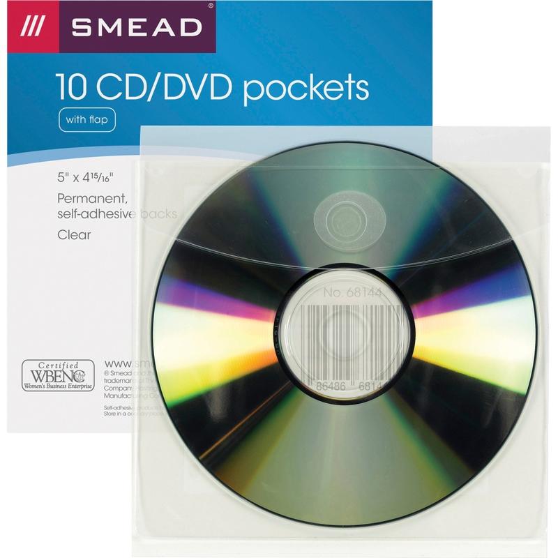 Smead Self-Adhesive CD/DVD Pockets, 4.9inH x 5inW, Clear, Poly, 10 / Pack MPN:68144