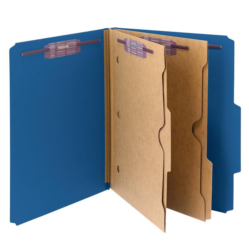 Smead Pressboard Classification Folders With Pocket-Style Divider And SafeSHIELD Fastener, Letter Size, 100% Recycled, Dark Blue, Box of 10 MPN:14077