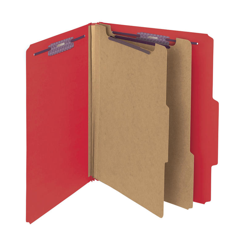 Smead Pressboard Classification Folders With SafeSHIELD Fasteners, 2 Dividers, Letter Size, 100% Recycled, Bright Red, Box Of 10 MPN:14202