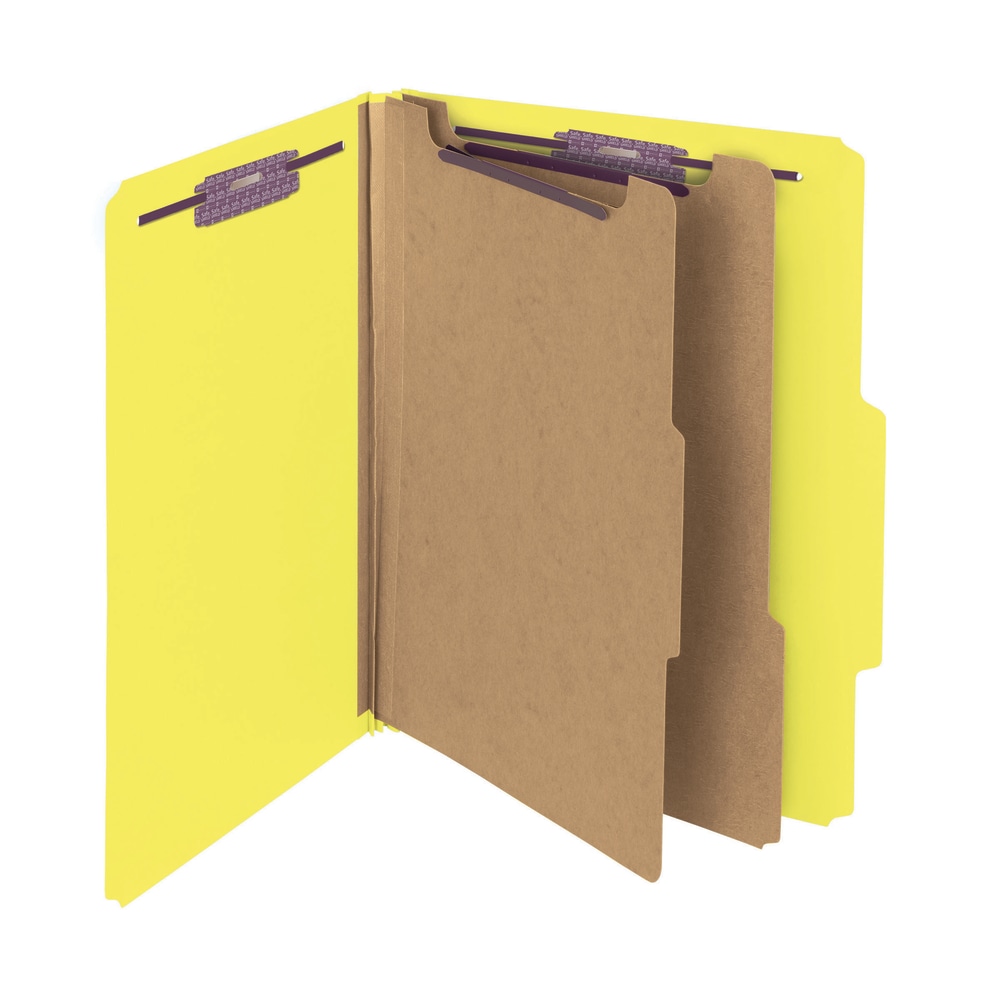 Smead Pressboard Classification Folders With SafeSHIELD Fasteners, 2 Dividers, Letter Size, 100% Recycled, Yellow, Box Of 10 MPN:14203