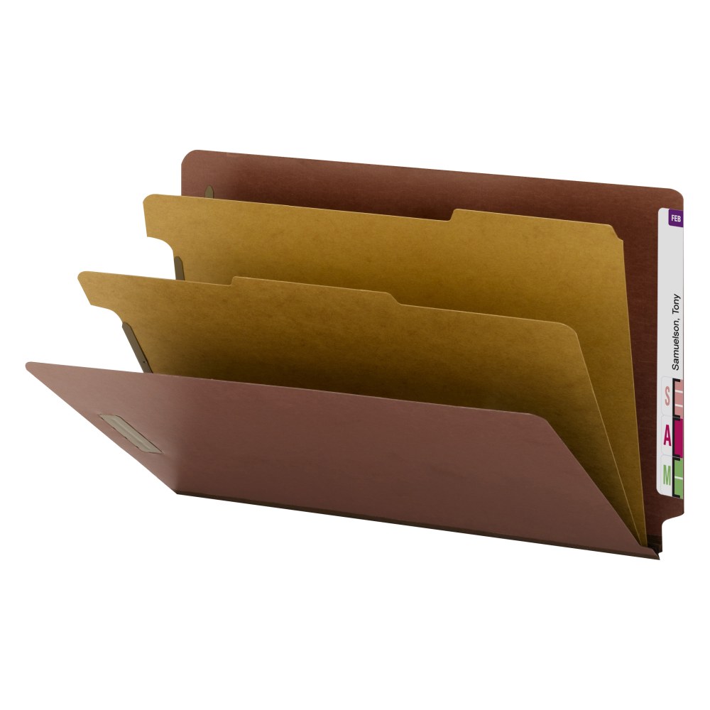 Smead End Tab Pressboard Classification Folders With SafeSHIELD Fasteners, 2 Dividers, Legal Size, 60% Recycled, Red, Box Of 10 MPN:29860