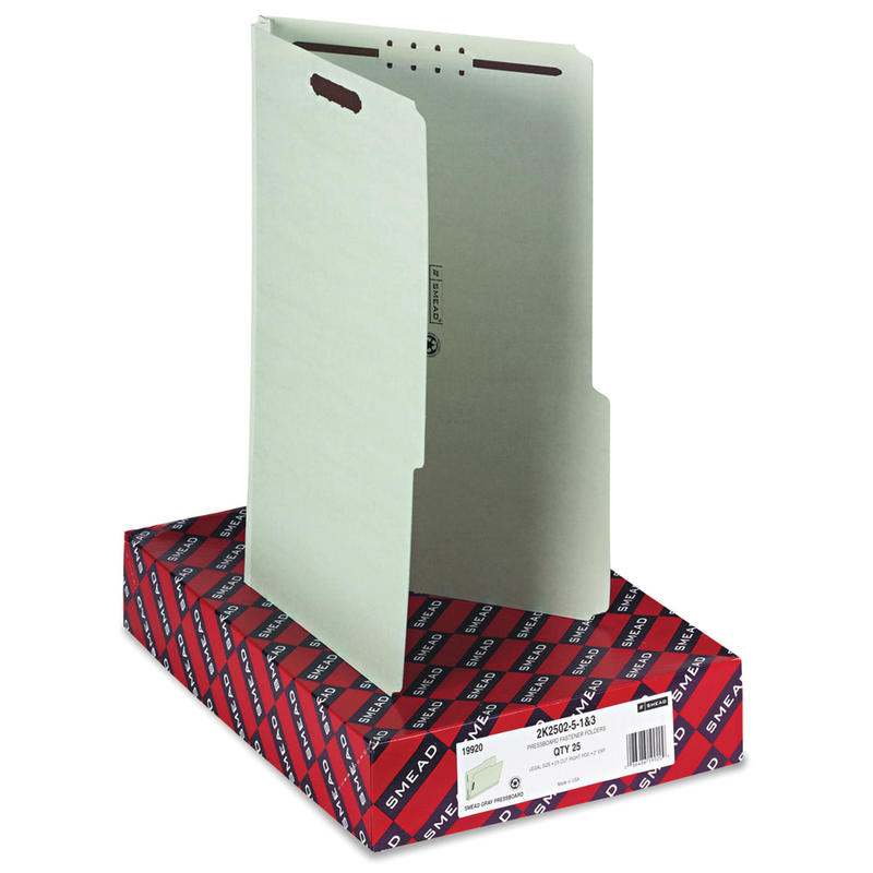 Smead Pressboard Fastener Folders With SafeSHIELD Coated Fastener Technology, 8 1/2in x 14in, Legal Size, Gray/Green, Box Of 25 Folders MPN:19920