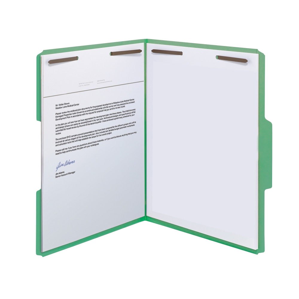 Smead Color Reinforced Tab Fastener Folders, Legal Size, 1/3 Cut, Green, Pack Of 50 MPN:2K2-153CGN-1&3