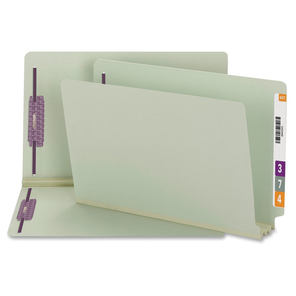 Smead End Tab Pressboard Fastener Folders with SafeSHIELD, 8 1/2in x 14in, 3in Expansion, Gray/Green, Box Of 25 MPN:37725
