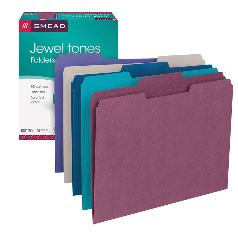 Smead Color File Folders, Letter Size, 1/3 Cut, Jewel Tones, Box Of 100 MPN:53LASMT1