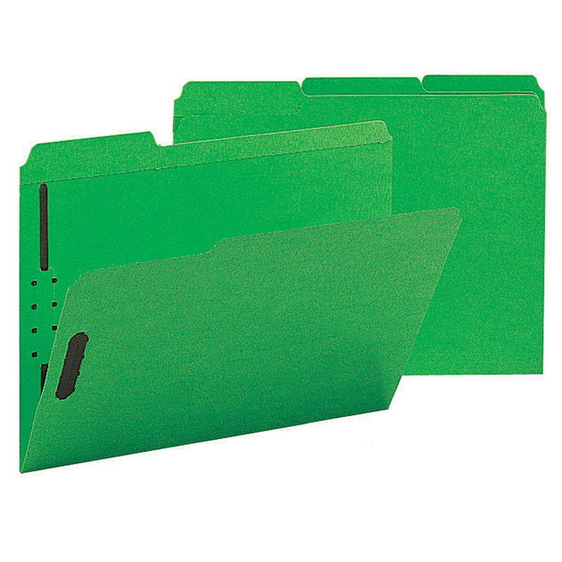 Smead Color Reinforced Tab Fastener Folders, Letter Size, 1/3 Cut, 100% Recycled, Green, Pack Of 50 MPN:12141