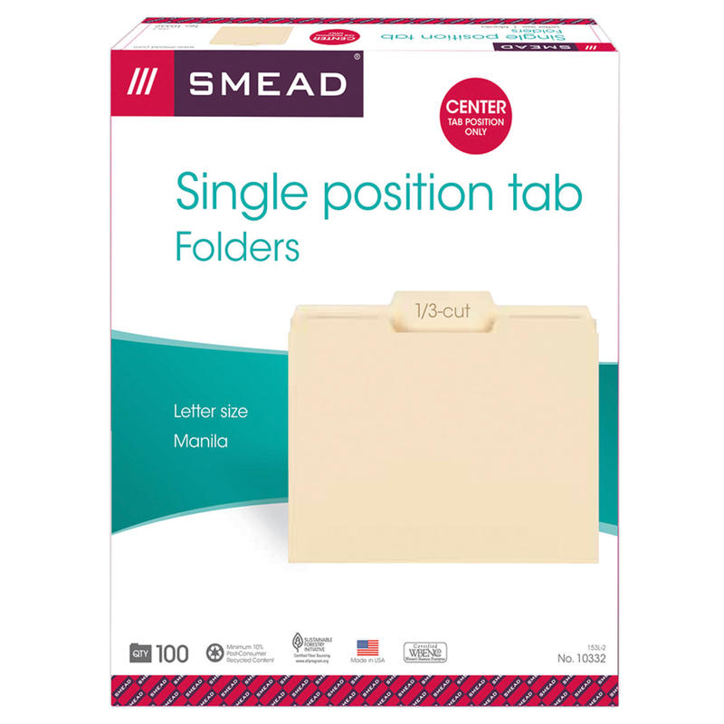 Smead Selected Tab Position Manila File Folders, Letter Size, 1/3 Cut, Position 2, Pack Of 100 (Min Order Qty 3) MPN:153L-2