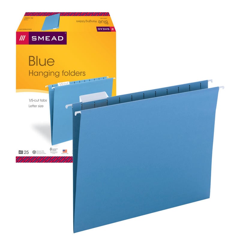 Smead Hanging File Folders, 1/5-Cut Adjustable Tab, Letter Size, Blue, Box Of 25 (Min Order Qty 4) MPN:64060