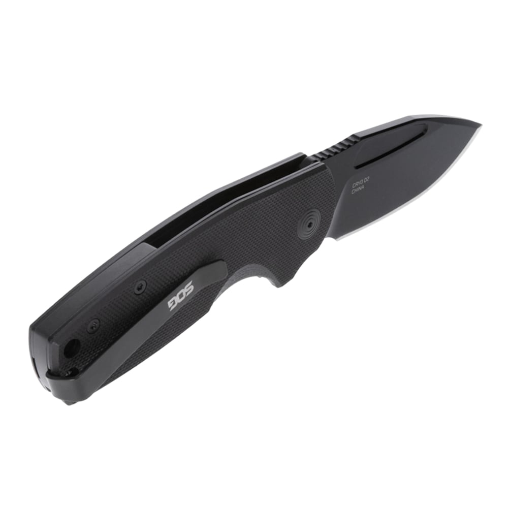 SOG Stout FJ CRYO D2 Steel Pocket Knife With 2-5/8in Clip-Point Blackout Blade, 6-7/16in x 3in, Black MPN:SOG-16-03-02-57