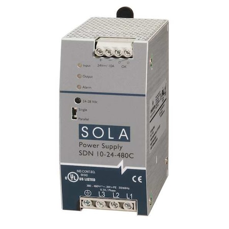 DC Power Supply, 380/480V AC, 24V DC, 240 W, 10 A, DIN Rail MPN:SDN1024480C