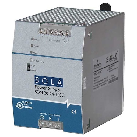 DC Power Supply, 85/264V AC, 24V DC, 480 W, 20 A, DIN Rail MPN:SDN2024100C