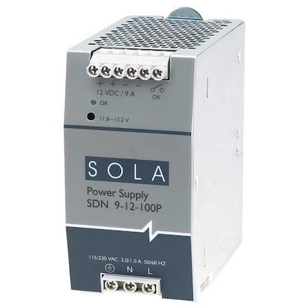 DC Power Supply, 115/230V AC, 12V DC, 108 W, 9 A, DIN Rail MPN:SDN912100P