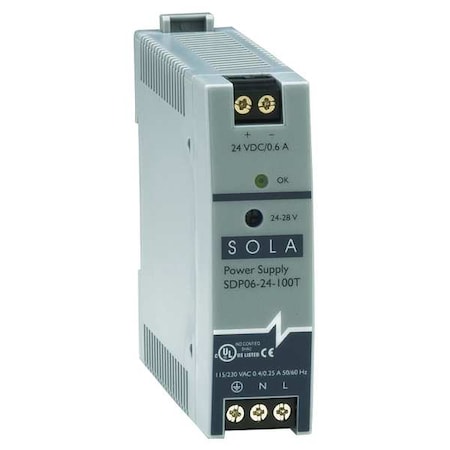 DC Power Supply, 85/264V AC, 24/28V DC, 15 W, 0.6 A, DIN Rail MPN:SDP0624100T