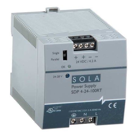 DC Power Supply, 176/264V AC; 210/375V DC; 85/132V AC, 24/28V DC, 100 W, 4.2 A, DIN Rail MPN:SDP424100RT