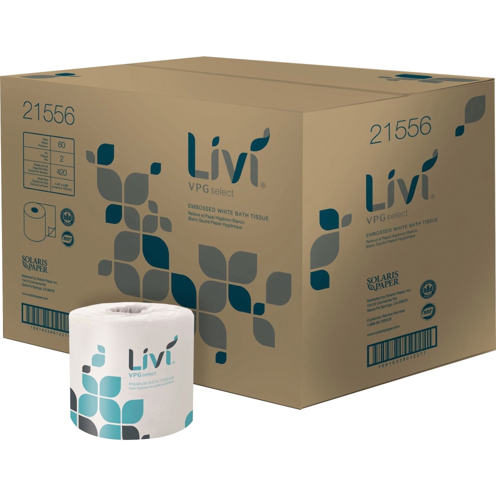 Livi VPG Select Bath Tissue - 2 Ply - 4.48in x 3.98in - 420 Sheets/Roll - Bright White - Virgin Fiber - 60 / Carton MPN:21556
