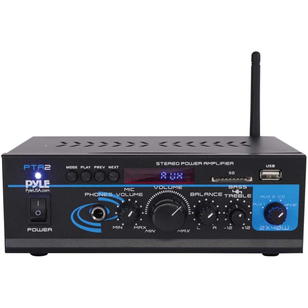 Pyle Mini Stereo Power Amplifier With Bluetooth, 7-1/2inH x 6-1/2inW x 3inD, Black, PTA2 MPN:PTA2