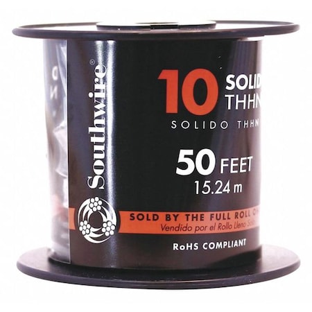 THHN Building Wire, Copper, 10 AWG, 1C, Black, Solid, 50 ft MPN:11595617