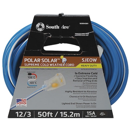 SJEOW Extension Cord, 12 AWG, Outdoor, 12/3, 1 Outlets, 5-15R, Blue/White, TPE, 5-15P, 50 ft MPN:1638SW0061