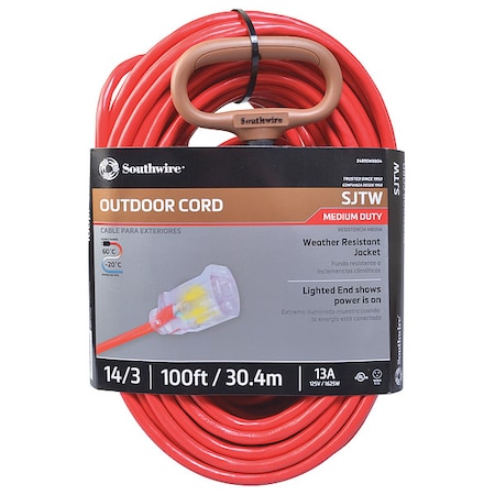 SJTW Extension Cord, 14 AWG, Outdoor, 14/3, 1 Outlets, 5-15R, Red, PVC, 5-15P, 100 ft MPN:2489SW8804