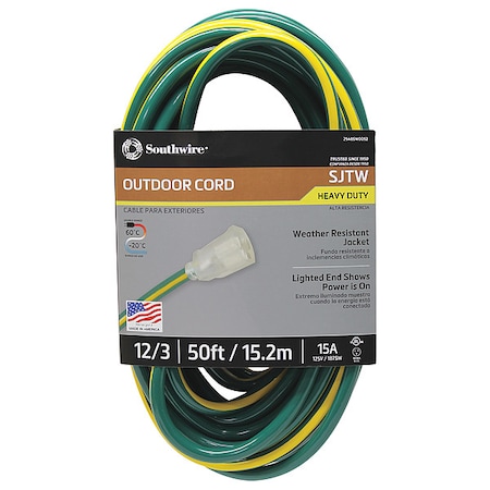 SJTW Extension Cord, 12 AWG, Outdoor, 12/3, 1 Outlets, 5-15R, Green/Yellow, PVC, 5-15P, 50 ft MPN:2548SW0052
