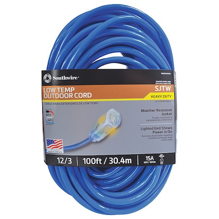 SJTW Extension Cord, 12 AWG, Outdoor, 12/3, 1 Outlets, 5-15R, Blue, PVC, 5-15P, 100 ft MPN:2569SW0006
