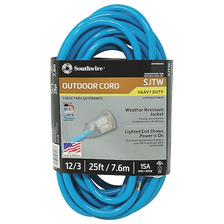 SJTW Extension Cord, 12 AWG, Outdoor, 12/3, 1 Outlets, 5-15R, Blue, PVC, 5-15P, 25 ft MPN:2577SW000H