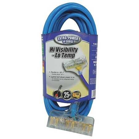 SJTW Extension Cord, 14 AWG, Outdoor, 14/3, 3 Outlets, 5-15R, Blue, PVC, 5-15P, 25 ft MPN:32678806