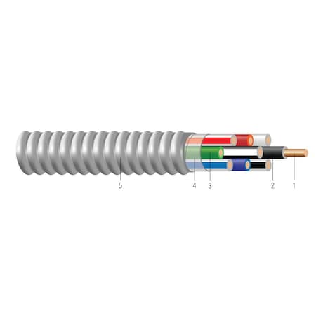 Metal Clad Building Cable, MC, 10 AWG, 6C with Ground C, Silver, Aluminum, Solid, 600V AC, 1000 ft MPN:57392802