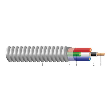 Metal Clad Building Cable, MC, 10 AWG, 2C with Ground C, Silver, Aluminum, Solid, 600V AC, 250 ft MPN:68581801