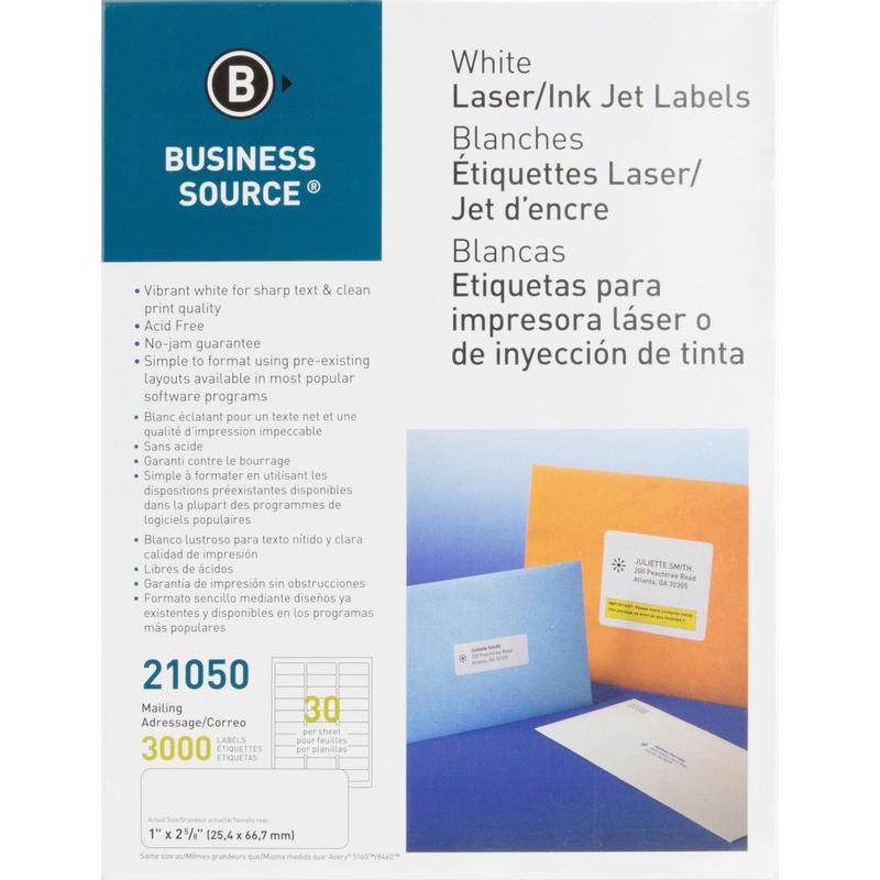 Business Source Bright White Premium-quality Address Labels - 1inx 2 5/8in - Permanent Adhesive - Rectangle - 21050 MPN:21050