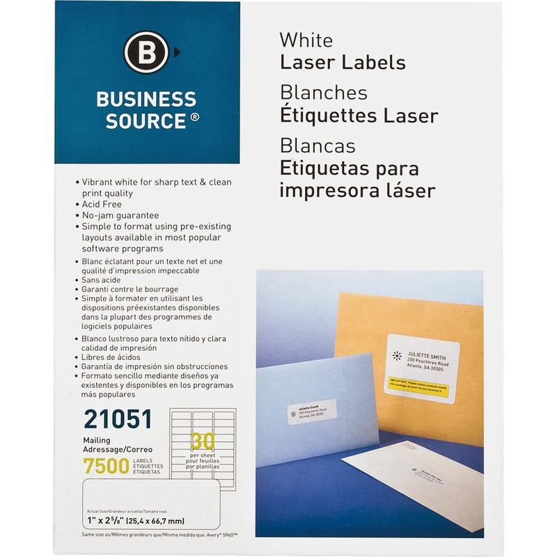 Business Source Bright White Premium-quality Address Labels - 1inx 2 5/8in - Permanent Adhesive - Rectangle - 21051 MPN:21051