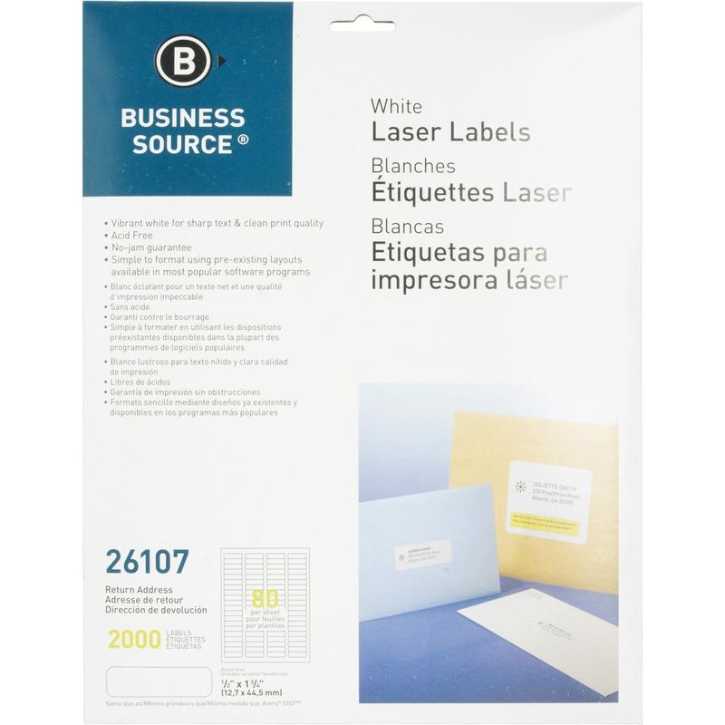 Business Source Address Laser Labels - 1/2inx 1 3/4in - Permanent Adhesive - Rectangle - Laser - White - 26107 MPN:26107